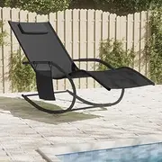 Rocking Sun Lounger Chair, Black Steel Patio Lounge Gravity Recliner for Adults - Outdoor Beach Lounger for Relaxation - Camping Folding Chair
