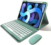 Keyboard Case Mouse for iPad A16 (11 inch, 2025)/ iPad 10th Generation 10.9 inch Cute Round Keys Detachable Bluetooth Color Keyboard (Dark Green)