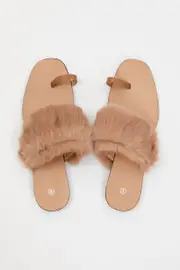 Beige Faux Fur Flat Slides - Size 7, Women's Trial Accs