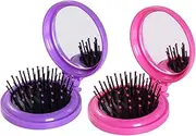 OJIOUI 2Pcs Mini Folding Hair Brush with Mirror Round Small Portable Pocket Hair Brush Travel Size Mini Pop Up Hairbrush for Women Girls (Rose Red, Purple)