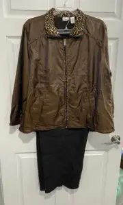 Kim Rogers Jacket & Pants Warm Up Suit, Size 2X Black & Leopard Print 2 Piece