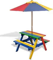 Multicolour Kids' Picnic Table with Benches and Parasol - Vibrant Rainbow Design, Durable Fir Wood Construction, 120cm Parasol Diameter,75x85x52cm Dimensions - Safe & Fun Outdoor Play Set for Children