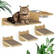 Cat Wall Furniture - 3 Steps, Feeding Shelf With 2 Food Bowls, Wooden Bed Mounted