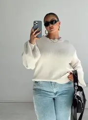 Harmony Balloon Sleeve Knit Sweater Beige Curve