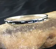 Black Onyx & Mother Of Pearl Navajo Sterling Silver Bangle Inlay Bracelet 10197