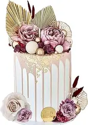 LEFUBABY Boho Cake Topper Palm Leaves Burgundy Red Flowers Balls Cake Decorations for Bohemian Wedding Baby Shower Birthday Party Supplies (LEAF-LS-23-LKJ-XG002)