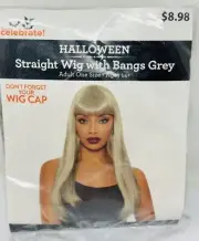 Halloween Straight Wig with Bangs, Grey, Costume Wig, Long Length Straight Hair