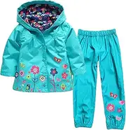 [Baotung] Children's Girls' 2-Piece Clothing Set Waterproof Rain Jacket Rain Suit Raincoat with Hood and Floral Pattern + Rain Trousers