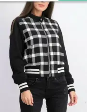 NWT RACHEL RACHEL ROY M BLACK IVORY PLAID VARSITY STRIPE BOMBER MOCK ZIP JACKET