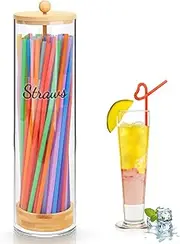 Acrylic Straw Holder 100 Pcs Colored Straws Includ, 13 Inch Clear Drinking Straw Organizer Container with Bamboo Lid & Sticker for Plastic Straws, Straw Organizer for Kitchen