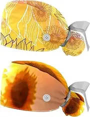 [WOSHJIUK] Working Hat 2 Pack Scrub Caps for Women,Sunflowers Colors Blooming Plants,Tie Back Cap Adjustable Scrub Hat