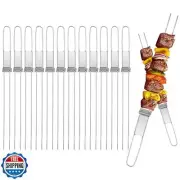 13inch 12(packs) Double Fork Flat Stainless Steel BBQ Skewers with Push Bar,