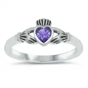 Claddagh Ring Sterling Silver 925 Baby Jewelry Amethyst CZ Height 7 mm Size 1