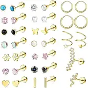 [Sanfenly] 36Pcs Stainless Steel Stud Earrings for Women Men CZ Heart Star Snake Flat Back Earrings Hypoallergenic Cartilage Earrings Stud Hoops Helix Tragus Daith Earrings Piercing Jewelry