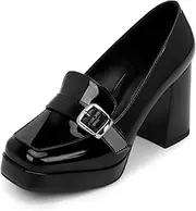 [yowmns] Women's Platform Chunky High Heel Loafers Patent Leather Buckle Pumps Office Dress Shoes