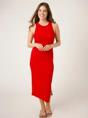 Womens Rib Midi Dress 10 XMAS RED (SOLID)