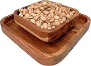 Penko Pistachio Snack Bowl Double Dish Holder Bowl Pedestal and Sunflower Seed Nut Bowl with Shell Storage (Acacia)