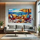 Cubist Art Deco Large Coastal Wall Art Canvas Wine Painting Framed Beach