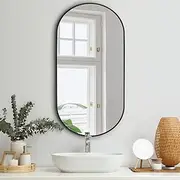 Oikiture Oval Wall Mirror 84 x 50cm Make Up Mirror for Home Bedroom Living Room Black