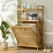 Bamboo Bathroom Laundry Hamper,Freestanding Laundry Hampers with Shelves,Clothes Storage(95 * 50 * 30)