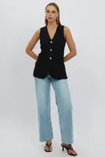 Black Linen Vest Longline V Neck - Size 14L, Women's Jacket