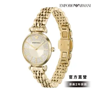 【EMPORIO ARMANI 官方直營】Gianni T-bar 輕奢夜空晶鑽女錶 金色不鏽鋼鍊帶指針手錶 32MM AR11608