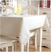 EHOMERY 8 Seater Dining Table Cloth Table Protector Textile Solid Color with Lace Table Cloth Party Set Table Cover Hooks Linen White Table Decoration 140X250Cm