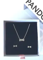 PANDORA Sparkling BOW Pendant Necklace & Stud Earrings Gift Set | NEW in Box