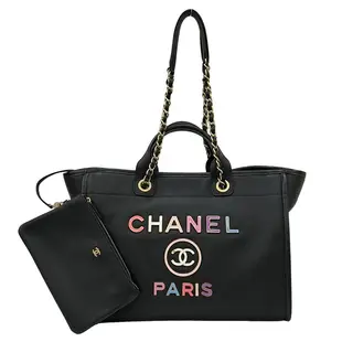 【二手名牌BRAND OFF】CHANEL 香奈兒 黑色 牛皮 Deauville 托特 兩用包