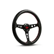 SAAS Steering Wheel 14 Inch Leather Retro Black Spoke Red Stitched Leather Grip