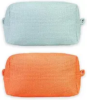 Seassonix 2 Pcs Makeup Bag Zipper Pouch Travel Cosmetic for Women Small Makeup Bag for Purse Toiletry Bag Small (Orange ANG Light Cyan)