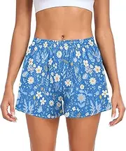 [FRODOTGV] White Cute Flowers Blue Women Athletic Shorts with Pockets Exercise Shorts for Indoor Lounge Hiking Yoga S