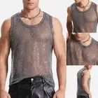 Sleek and Sexy Men's Grey Fishnet Sleeveless Top with Glitter Detailing