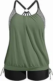 Holipick Two Piece Plus Size Tankini Swimsuits for Women Tummy Control Bathing Suit Blouson Tankini Top with Boy Shorts