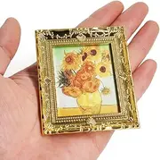 Odoria Dollhouse Wall Art Miniature: 1/12 Scale Framed Picture for Victorian Vintage Living Room - Mini Painting Golden Antique for Gallery - Tiny Artwork Sunflowers