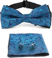 [THKO] Navy Bow Tie, Pocket Square And Cufflinks Set For Men, Adjustable Bowtie 26-46cm And Handkerchief Suit Accessories For Men For Party Business Funeral Suit, Navy, 12x6cm