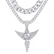 Pray Angel Pendant Silver Tone 24" Tennis and Cuban Chain Necklace TCMP 705 S