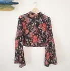 FOREVER 21 Birds & Floral Semi Sheer Chiffon Crop Blouse Long Medium Bell Sleeve