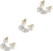 [Generic] 3 Set of Girls Glitter Shoes Children Sequins Ballet Party Peep Toe Shoe Christmas Sandals Stage Costume Accessories Silver, Silver 30/19.5cm, 3Set