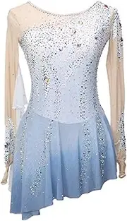 [Zagitova] Figure Skating Dress for Girls Gradient Women Long Sleeve Patchwork Competition Dance Outfits Shiny Rhinestone