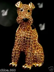 SIGNED CRYSTAL SWAROVSKI AIREDALE DOG PIN~ BROOCH 22KT GOLD PLATED RETIRED NEW