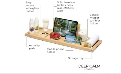 Deep Calm Bathtub Tray Caddy - Bamboo Foldable Bath Tub Table, Expandable Bath T