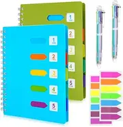 2Pcs 5 Subject Notebook, FHDUSRYO A5 Spiral Notebook with Dividers, Hardcover Notebook Double Wires Journal, 240 Pages Ruled Notebook with Pen Sticky Tab for Work, Home, School, Office (Blue Green)