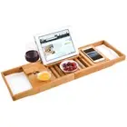 Extendable Bathroom Bamboo Bath Caddy Wine Glass Book Holder Tray Over Bath Tub