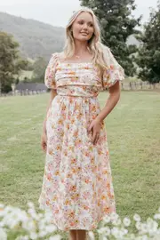 [PUP4] Clo Puff Sleeve Midi Dress - Peach Floral XS Peach
