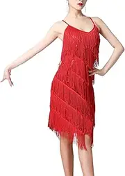 [Tadill] Women's Sequin Tassel V-Neck Rumba Ballroom Party Dress, Red, XL