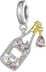 [Teleye] Champagne Pendant Charm 925 Sterling Silver Charm Fits For Pandora Bracelet Necklace, Cubic Zirconia, Created Cubic Zirconia