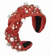 Pearl Knotted Jeweled Headband for Women Pearl Rhinestone Crystal Pearl-red