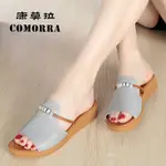 真牛皮年夏季涼拖鞋女平底時尚中年媽媽鞋大尺碼孕婦一字外穿女GENUINE COWHIDE SUMMER SANDALS