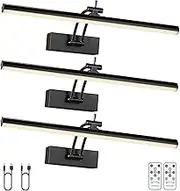 Yuichoy 3 Pack Picture Light Battery Operated for Wall, 16 inch Wireless Display Art Lighting for Painting with Remote, Dimmable 5200mAh Picture Frame Lights for Gallery, Black